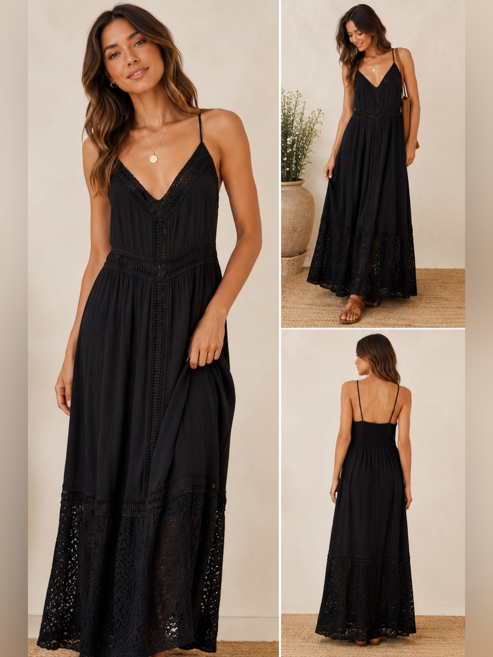Abercrombie & Fitch Boho Cottagecore Crochet Lace Maxi Dress Black Large